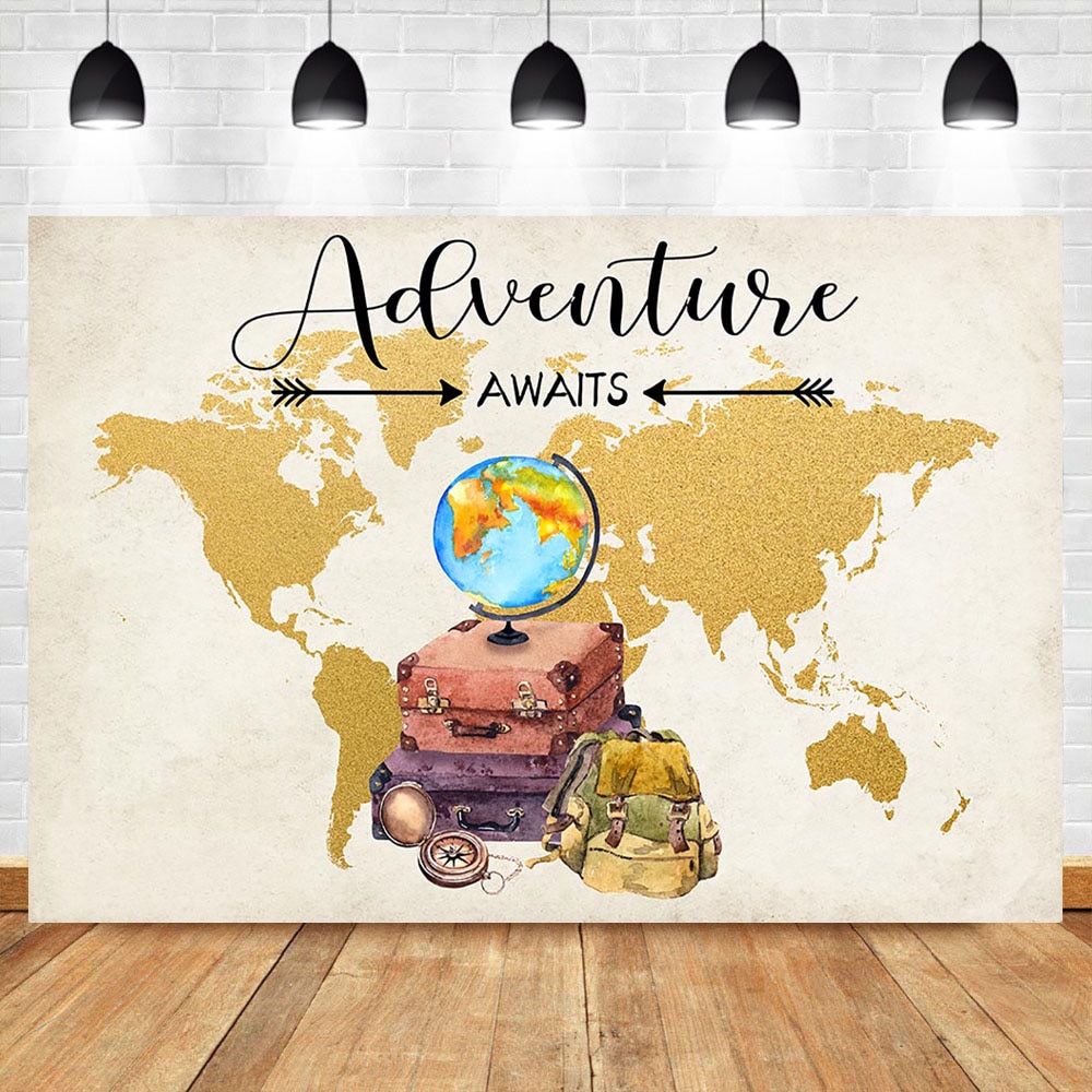 Neoback Wereldkaart Reizen Foto Achtergrond Globe Avontuur Kind Baby Verjaardagsfeestje Fotografie Achtergrond