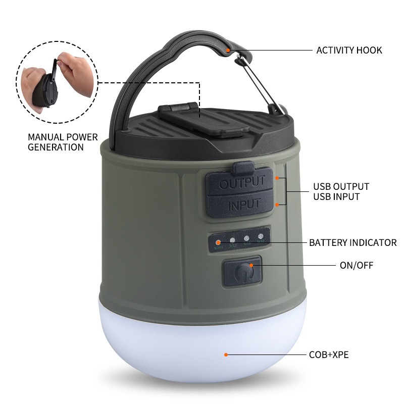 Lámpara de Camping de generación de energía manual, luz de Camping eléctrica de manivela de emergencia impermeable para exteriores, salida recargable portátil