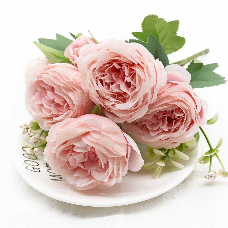 1 stk 5 gafler 9 blomster bryllup hjemmedekorasjon tilbehør kunstig peon bukett gjør det selv blomsterarrangement jul: 4
