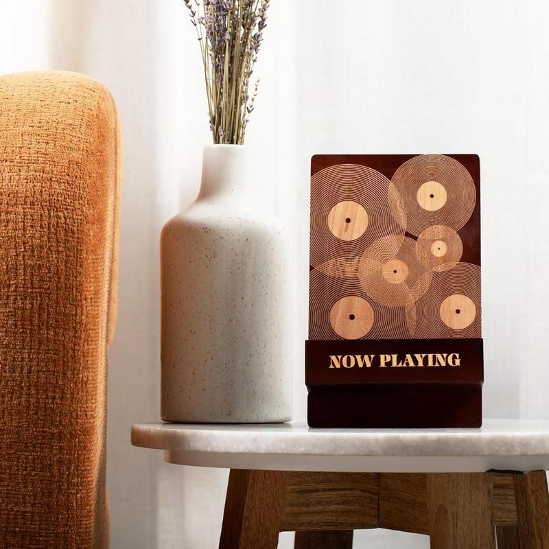 Holz-Plattenhalter, jetzt spielender Plattenspielhalter, Ständer, graviertes , Zeitungsdatei-Aufbewahrung mit erweiterter Basis, stilvolles Album