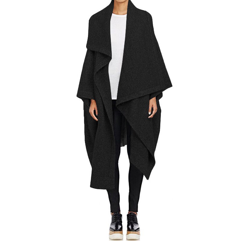 ZANZEA décontracté longue Trench femmes manteaux automne revers cou Cardigan vestes femme laine Cape Poncho grande taille hauts: Black / XL