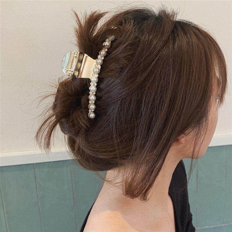 HUANZHI Trendy Metal Geometric Pearl Rhinestone Hair Grip Large Clip for Women Hair Accessories Hair Style Make