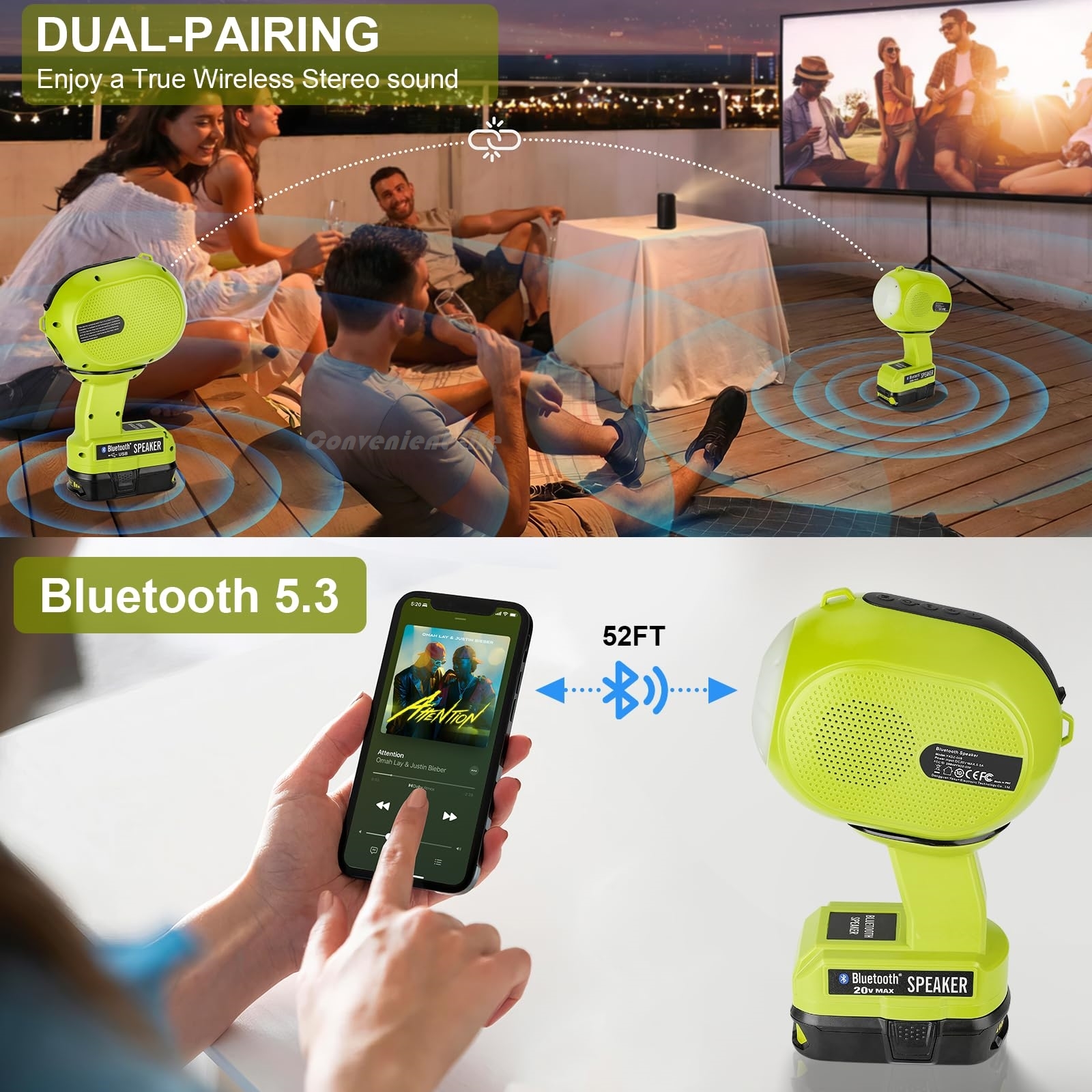 Haut-parleur Bluetooth pour la batterie Ryobi 18V haut-parleur portable avec lumière LED haut-parleurs stéréo à double jumelage USB-A / C pour la lecture de la musique de la carte Flash Drive la lecture de musique de carte TF la lecture de la musique AUX 3.5