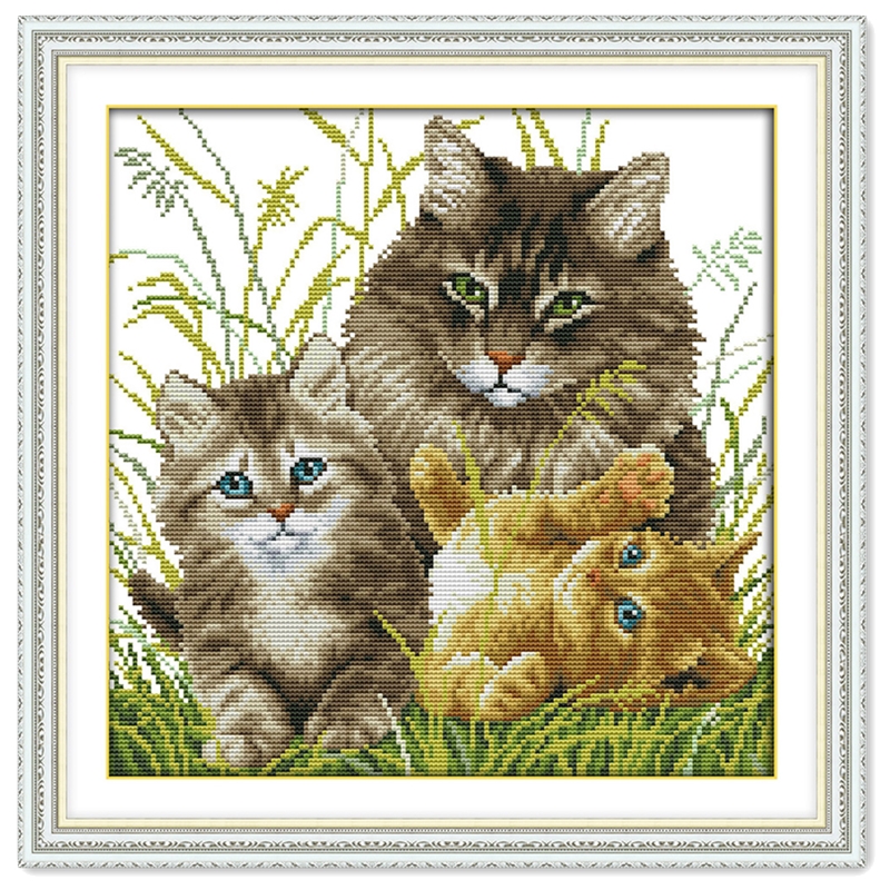 Kattunge familj korsstygn kit aida 14ct 11ct count print canvas sömmar broderi diy handgjorda handarbete