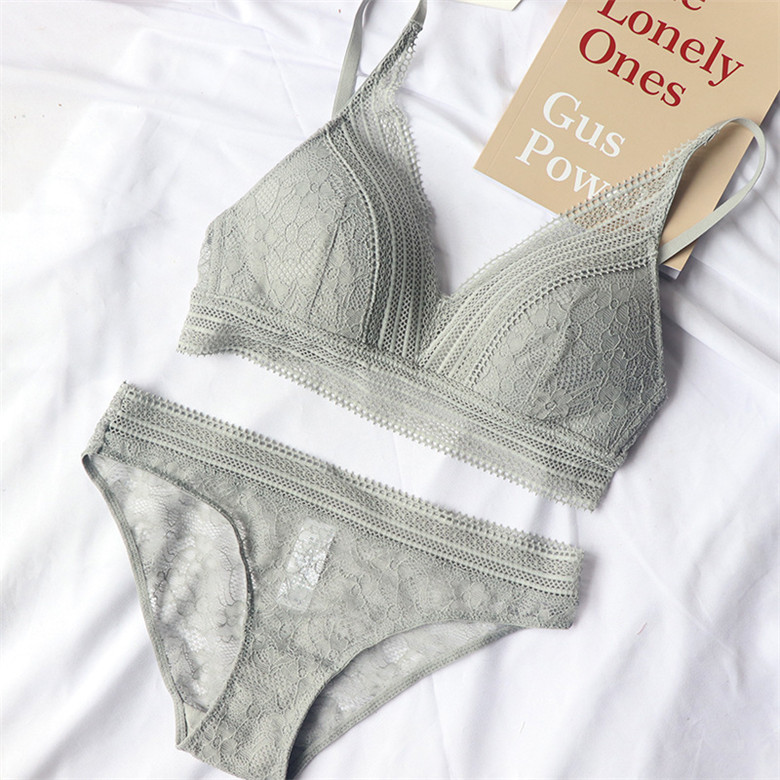 Neue Frauen 4 Farbe Unterwäsche Französisch Draht-Freies Ultra-dünne Bralette sexy Spitze Dreieck Tasse drücken-hoch Bh einstellen Baumwolle Bh und Höschen: Grau / M  70D 75B 75C 80A