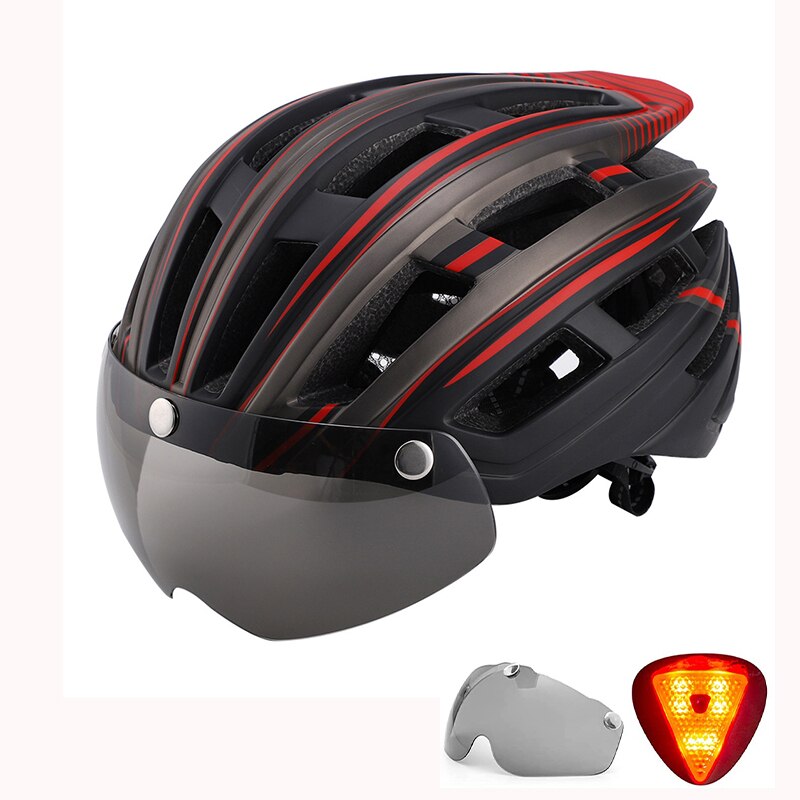Casco de bicicleta, casco de bicicleta con luz trasera y gafas magnéticas desmontables y mochila portátil Casco de ciclismo ligero ajustable para adultos Hombres Mujeres Montaña y carretera: Red Metal