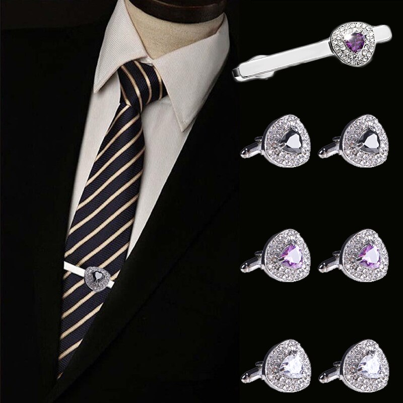 Men's Formal Dress Business Tie Clip Cufflink French Style Wedding Groom Jewelry Rhinestone Shirt Tie Clips Cuff Links
