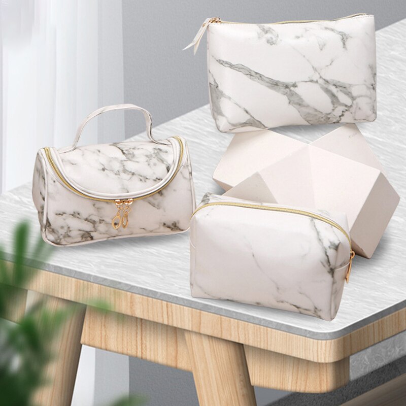 bolso de cosméticos Simple de mármol blanco de la cremallera bolsa de maquillaje de las mujeres de belleza portátil Sr. & Sra. pareja aniversario viaje suyo y suya de chica bolsa Necessarie