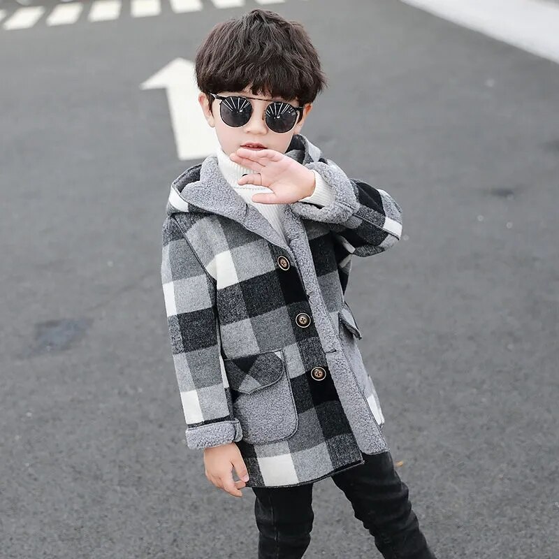 Lente & Herfst Jas Voor Jongen Wollen Koreaanse Versie Mode Jas Casual Hooded Rooster Mid-Lengte Kinderen kleding