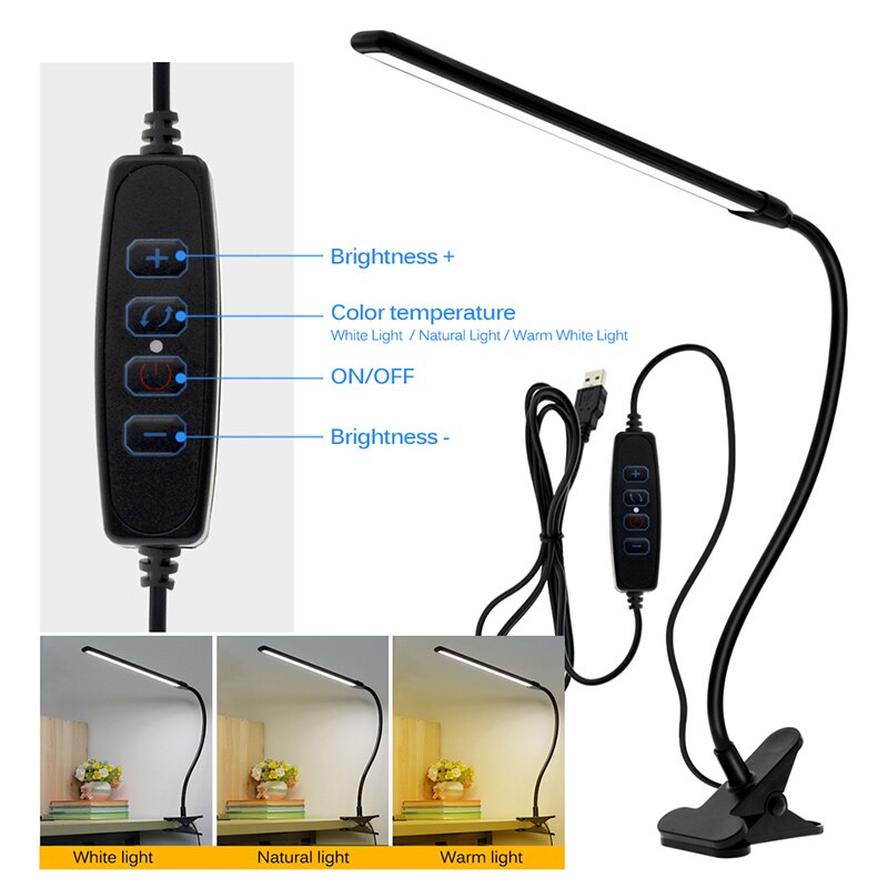 ledet skrivebordslampe øyebeskyttet usb bordlampe klips på lys med bryter 9- nivåer lysstyrke &amp; 3- nivåer farger til lesearbeid: 3 farger justerbare