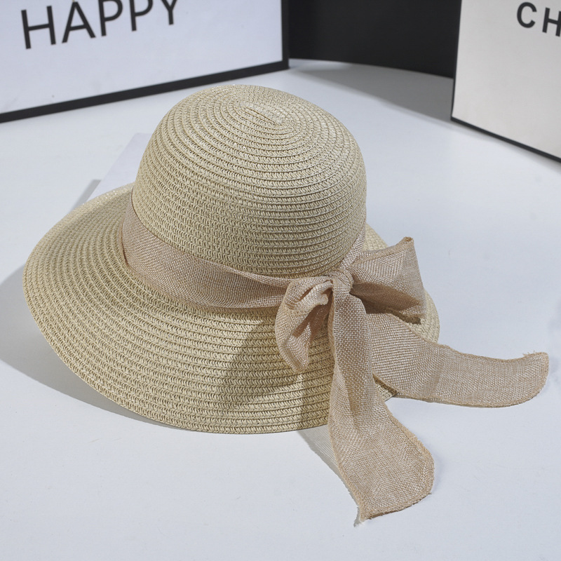 Beach Hat Japanese Everything Hairy Edge Straw Hats Female Summer Flat Top Outing Sun Hats Small Fresh Bow Sun Shade Beach Hat: Beige