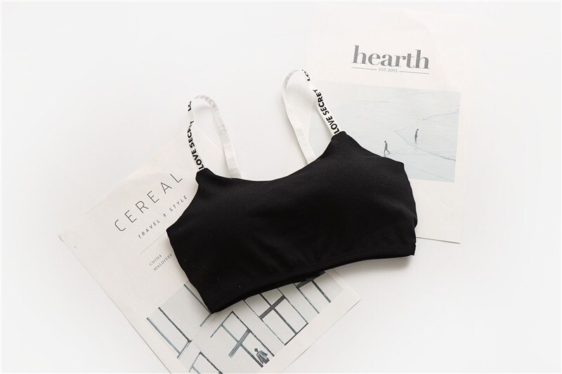 Active casual Bra Top One Size Letters strap Cotton Top fitness Gym Jogging Bra girl Wire Free Bandeau Bra Tops: Black