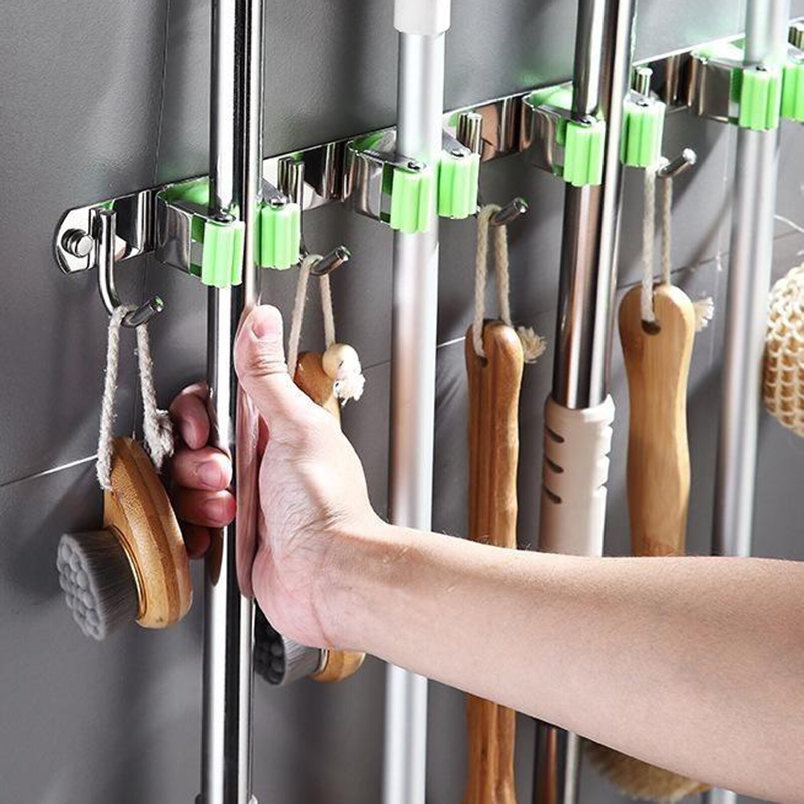 Broom Mop Holder Wall Mounted Hanger Stainless Steel Kitchen 1 Rack