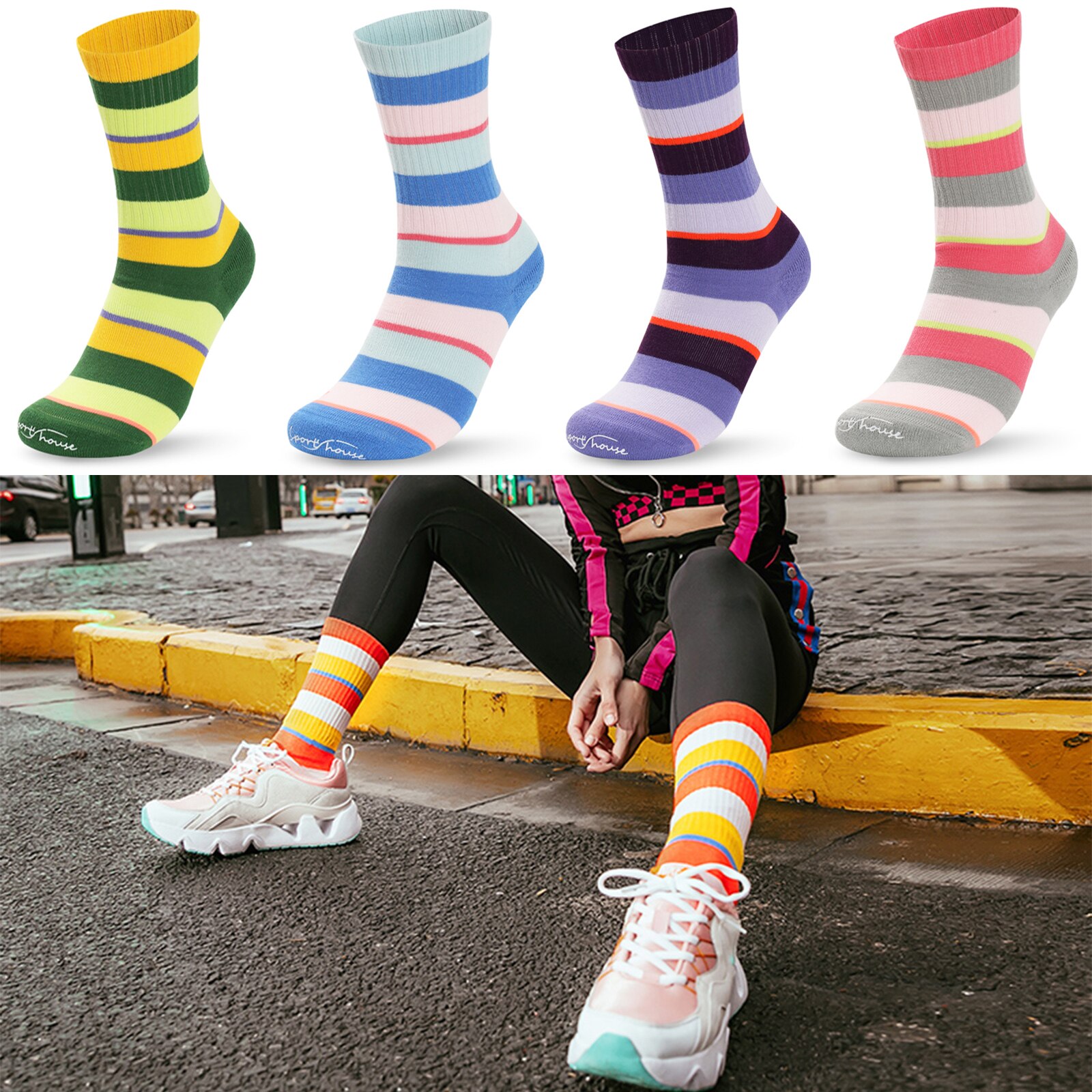 Kobiety profesjonalne oddychające skarpety sportowe nadruk paski robić biegania joga absorpcja potu skarpety bawełniane białe antypoślizgowe 1 para