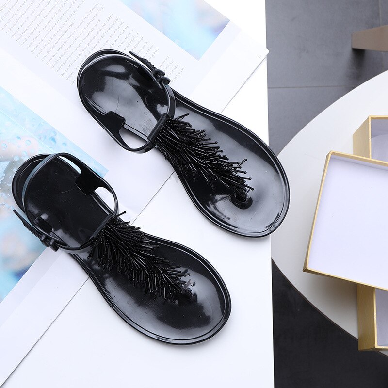 Vrouwen Schoenen Sandalen Tassled Kralen T-Type Riem Flip-Flop Effen Kleur Comfortabele Toevallige Zachte Grote Teen Voet orthopedische: Black / 5