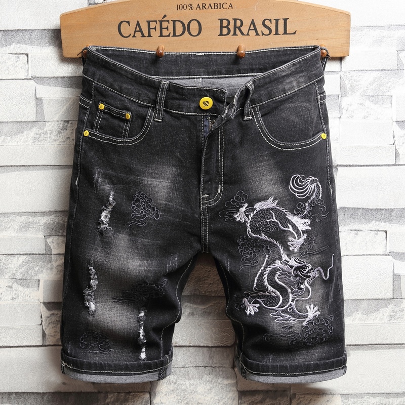 Trend Men's Summer Denim Shorts Dragon Embroidery Ripped Hole Locomotive Elasticity Black Short Jeans Male Clothing: 36