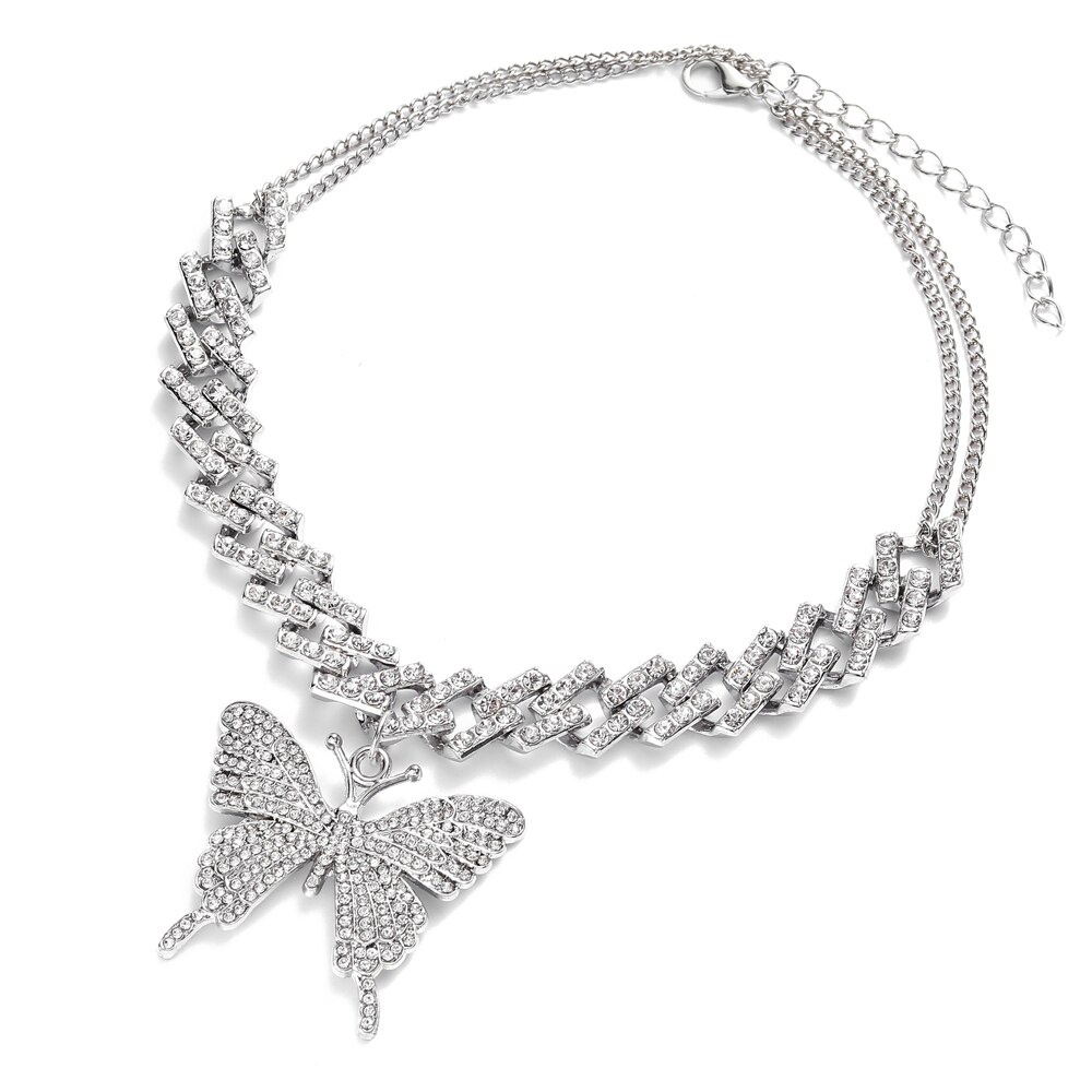 Collar de mariposa grande para mujer, cadena de eslabones cubanos de diamantes de imitación, Gargantilla con estilo, joyería Y2k de lujo