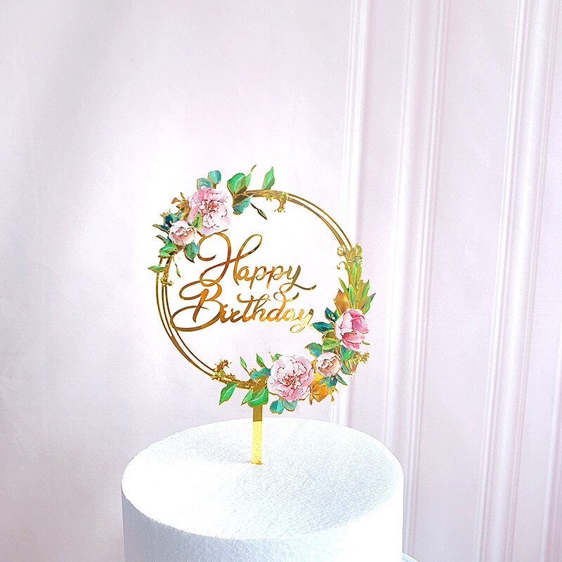 Farvede blomster tillykke med fødselsdagskage topper gylden akryl fødselsdagsfest dessert dekoration til baby shower bagning forsyninger: Rund hb-indsats