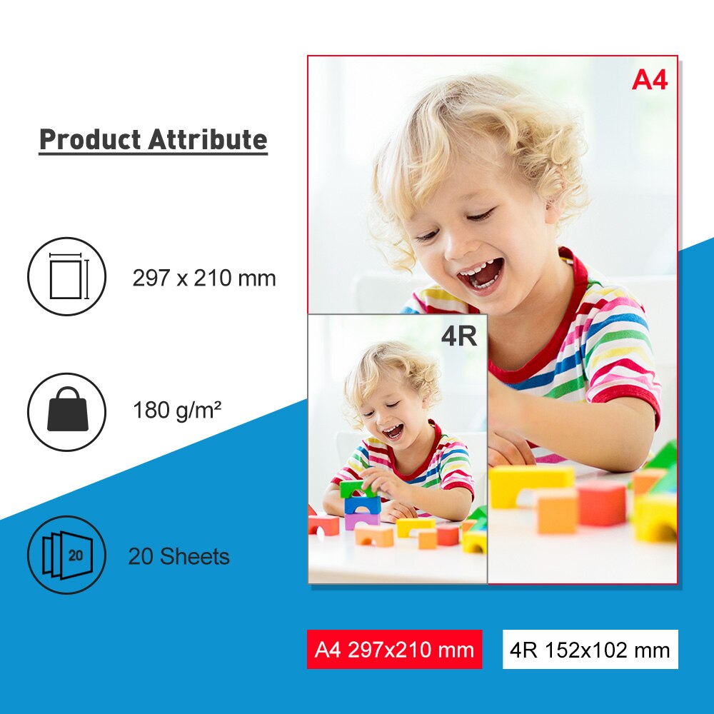 100 Sheets A4 Glossy Photo Paper Inkjet Printer Photographic Paper 180g Waterproof compatible for All Inkjet Printer HP Printer