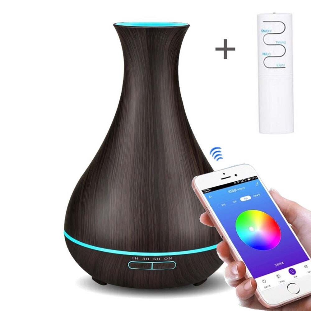 550ML APP Controle Luchtbevochtiger Aromatherapie Etherische Olie Diffuser Met Houtnerf 7 Veranderende Kleuren LED Lamp Voor Thuis kantoor: Dark Wood Grain / AU