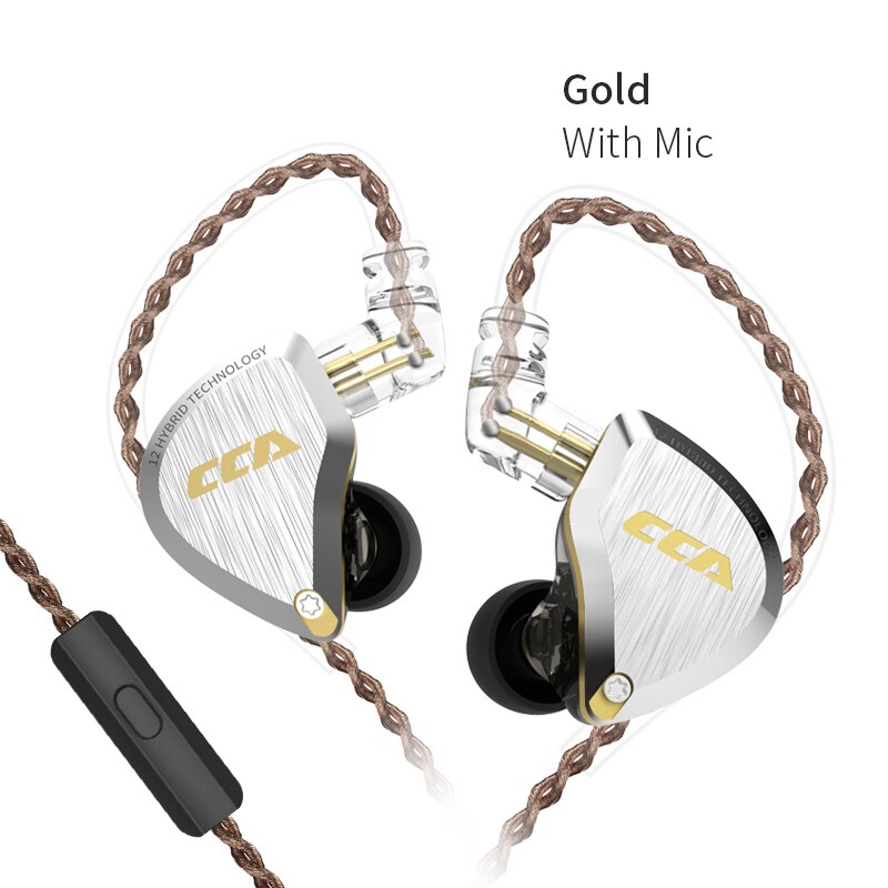 Cca C12 Metalen Headset 5BA + 1DD Hybrid 12 Eenheden Hifi Bass Oordopjes Noise Cancelling Koptelefoon In Ear Monitor Oortelefoon kz Zsx Zax: C12 Gold with mic