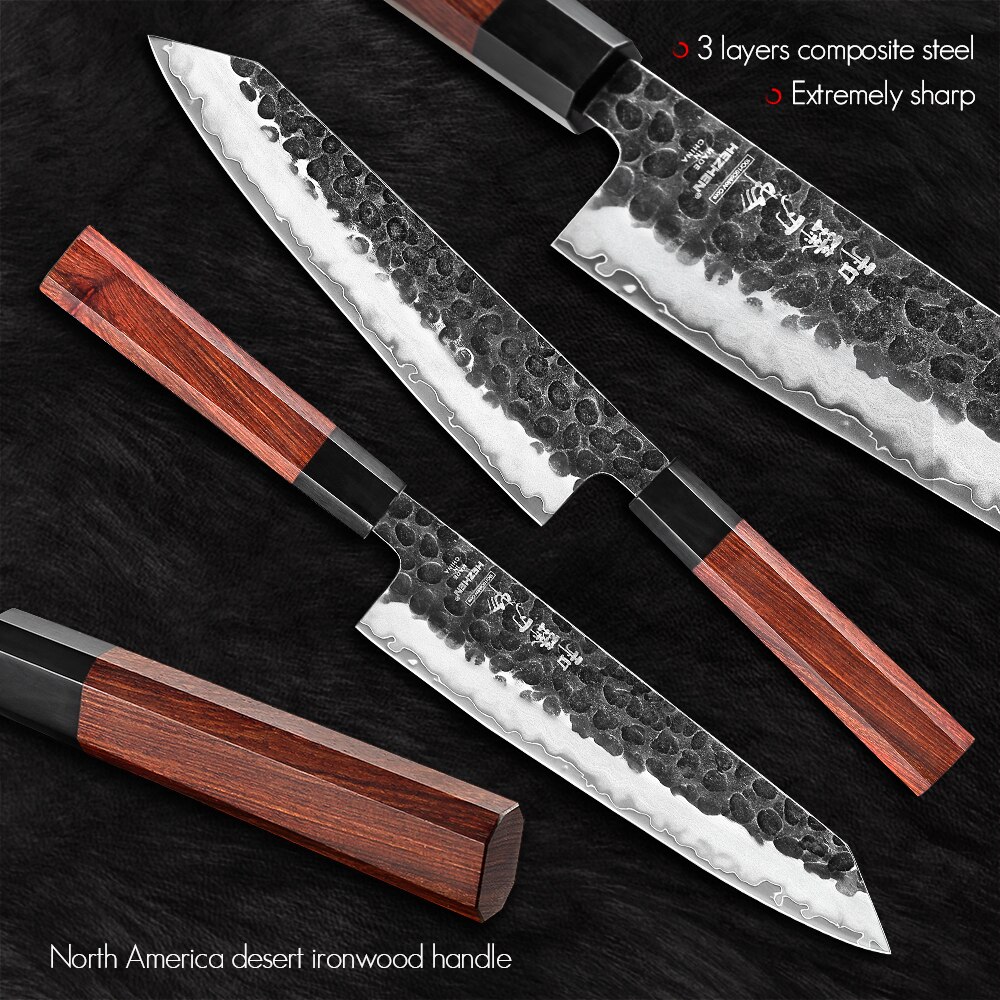 Hezhen 1-4pc kökskniv set skiva rostfritt stål komposit stål kock santoku nakiri verktyg rosenträ handtag låda