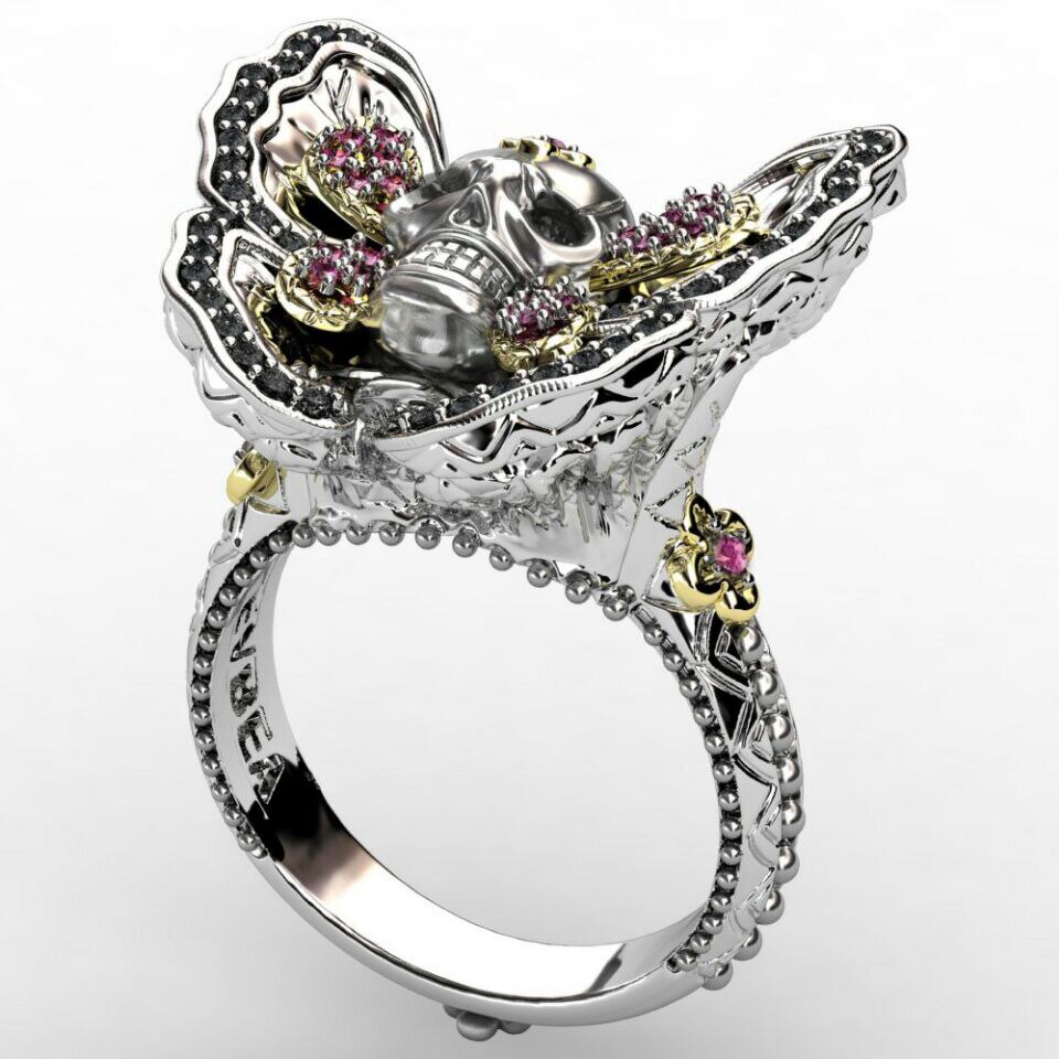 ERLUER Gothic Schedel Punk Stijl Ringen Verzilverd Butterfly Crystal Zirkoon Voor Vrouwen Meisjes Mode-sieraden Hip-Hop Ring