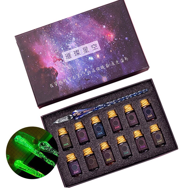 Pluma de goteo de vidrio luminoso de buena salud, pluma estilográfica de cristal Vintage, pluma de inmersión de vidrio, de conjunto de plumas, pluma de cristal con firma: royal blue