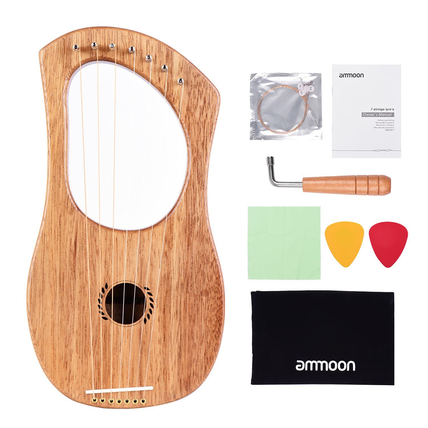 Ammoon-ARPA de Lira de 7 cuerdas, instrumento de cuerda de madera de lires Terminalia de estilo antiguo con bolsa de transporte, juego de cuerdas Extra, paño de limpieza