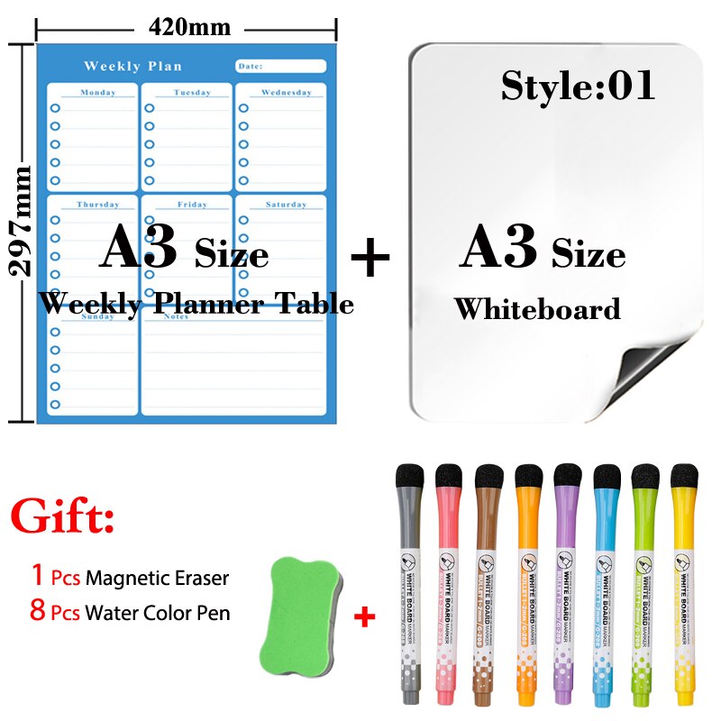 Tør-slet magnetisk månedskalender til køkkenkøleskab og magnetisk tavlekalender  a3 størrelse 297mm x 420mm whiteboard: Jhb 01-a3-8 pen 1 slet