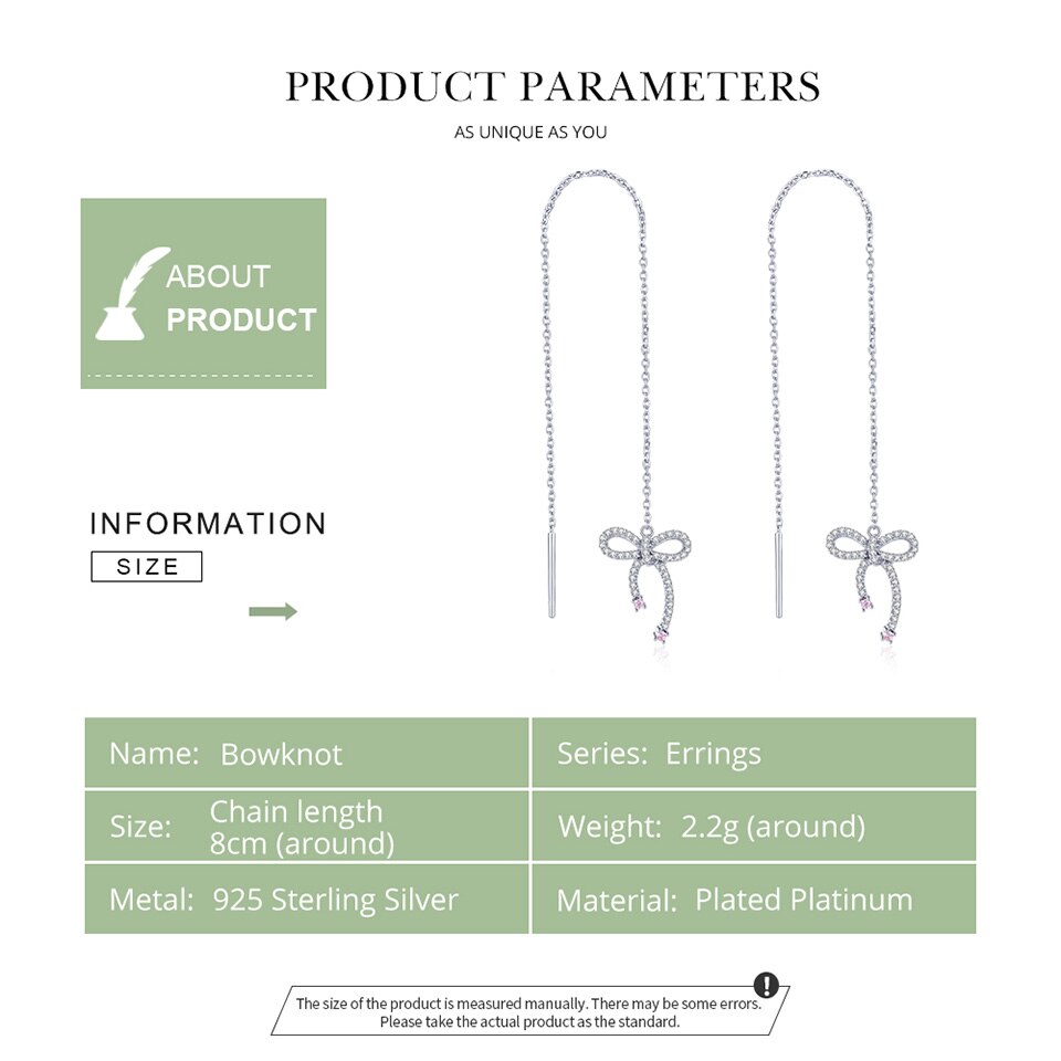 Bamoer alta qualidade 925 prata esterlina bowknot forma luminosa cz longo corrente balançar brincos para mulheres jóias de luxo bse047