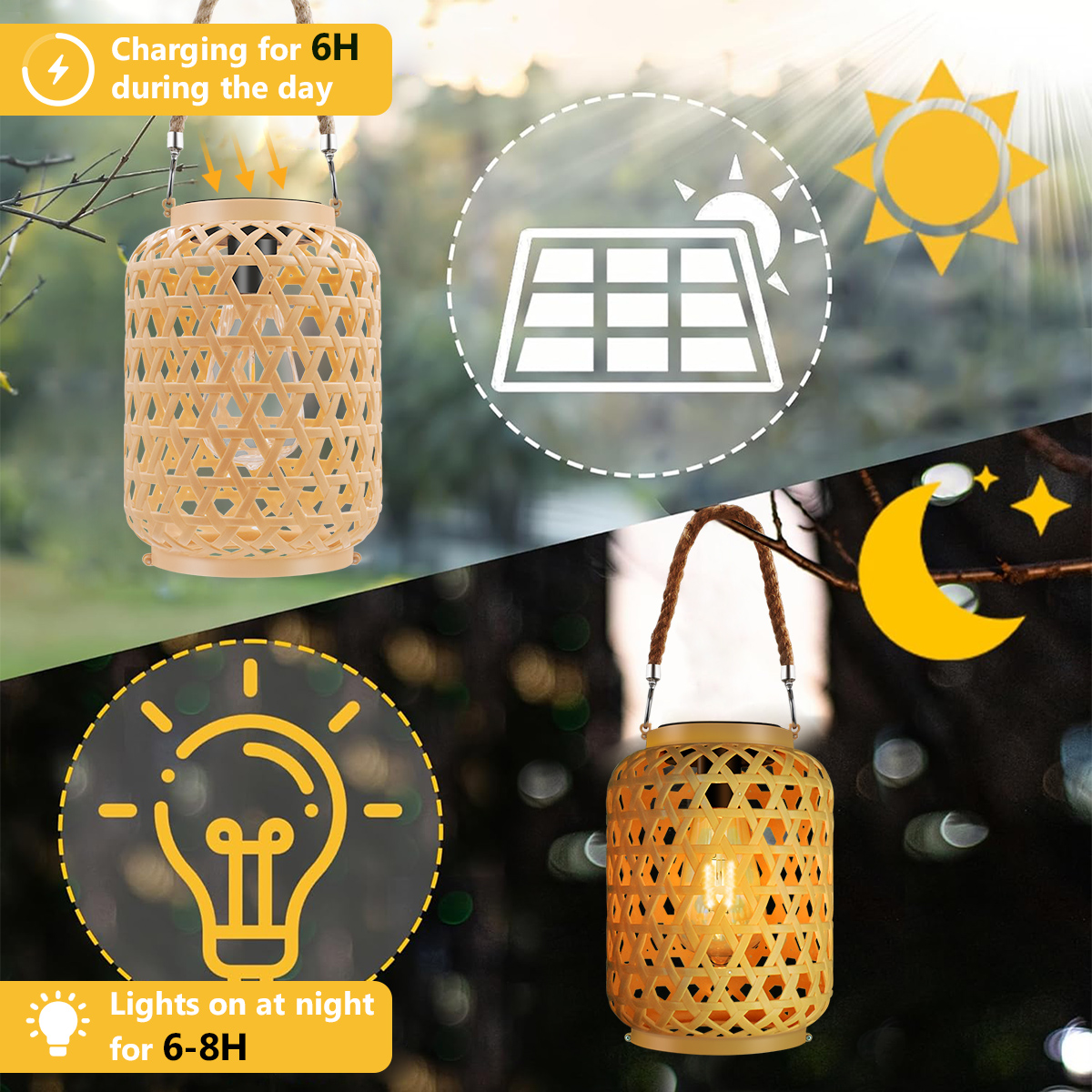 Decoratieverlichting Outdoor Rotan Solar Lantern met handvat Solar Gloeilamp LED Hangende Lantaarnverlichting Tuinlandschapslamp