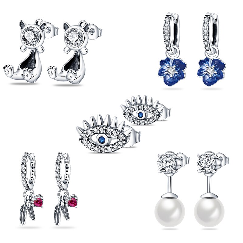 Mula 2022 Parel Oorbellen Voor Vrouwen Pendientes Plata 925 Leuke Kat Stud Oorbellen Zilver 925 Feather Dangle Oorbellen