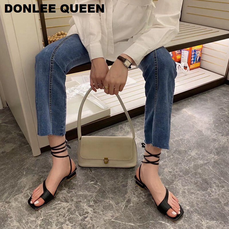 Sandalias de tacón bajo y punta cuadrada a la de para mujer, sandalias de gladiador con cordones, sandalias con correa en la espalda, zapatos de verano informales para mujer, sandalias de playa