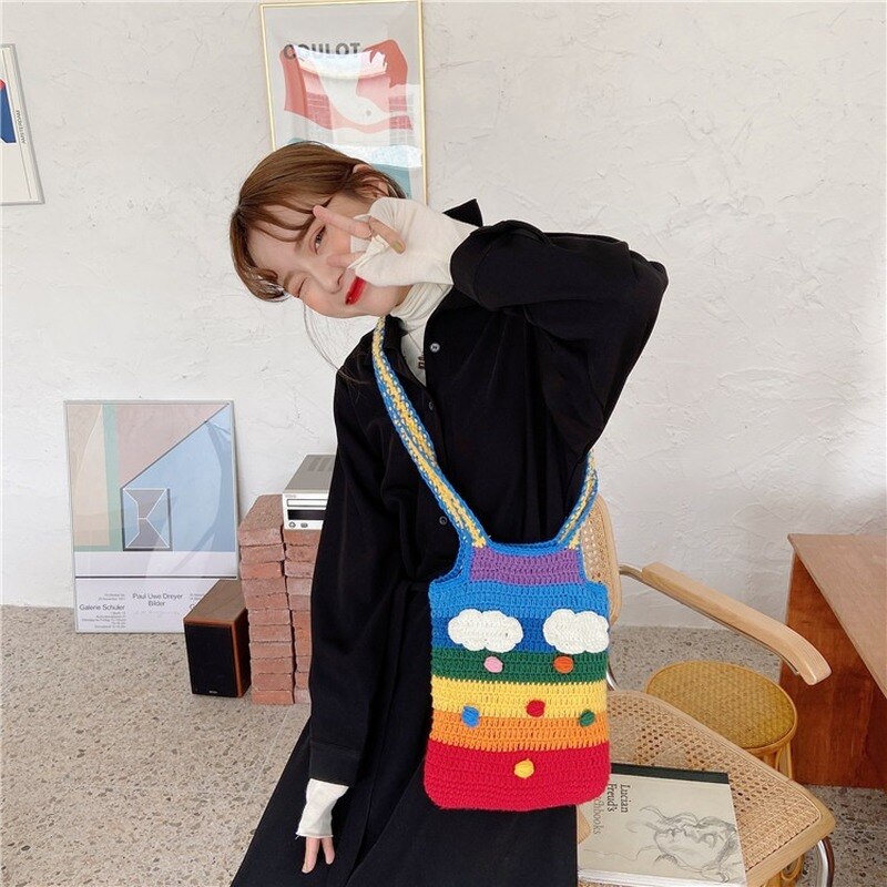 Tailândia arco-íris lona mensageiro saco de lã tricô tote bags para menina algodão pano bolsa de ombro feminino adorável estudante bolsa