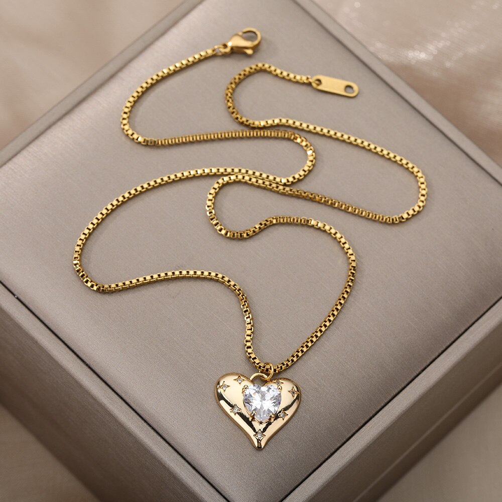Crystal Heart Star Kettingen Voor Vrouwen Rvs Gouden Ketting Hart Hanger Ketting Choker Partij Sieraden Bijoux Femme