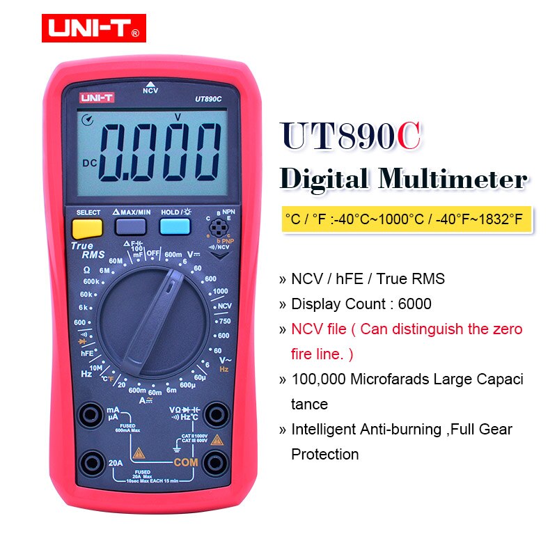 UNI-T UNI T Digital Multimeter True RMS UT890C UT890D + Handbuch Palette AC DC Frequenz Kapazität Temperatur Tester Hintergrundbeleuchtung: UT890C