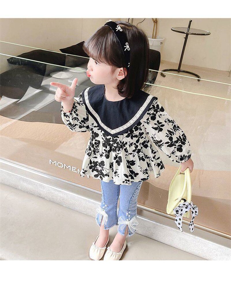 Meisjes Een-Schouder Puff Sleeve Tops Meisjes Mode Shirts Herfst Koreaanse Kinderkleding Tops Midden En Kleine kinderen: 7T