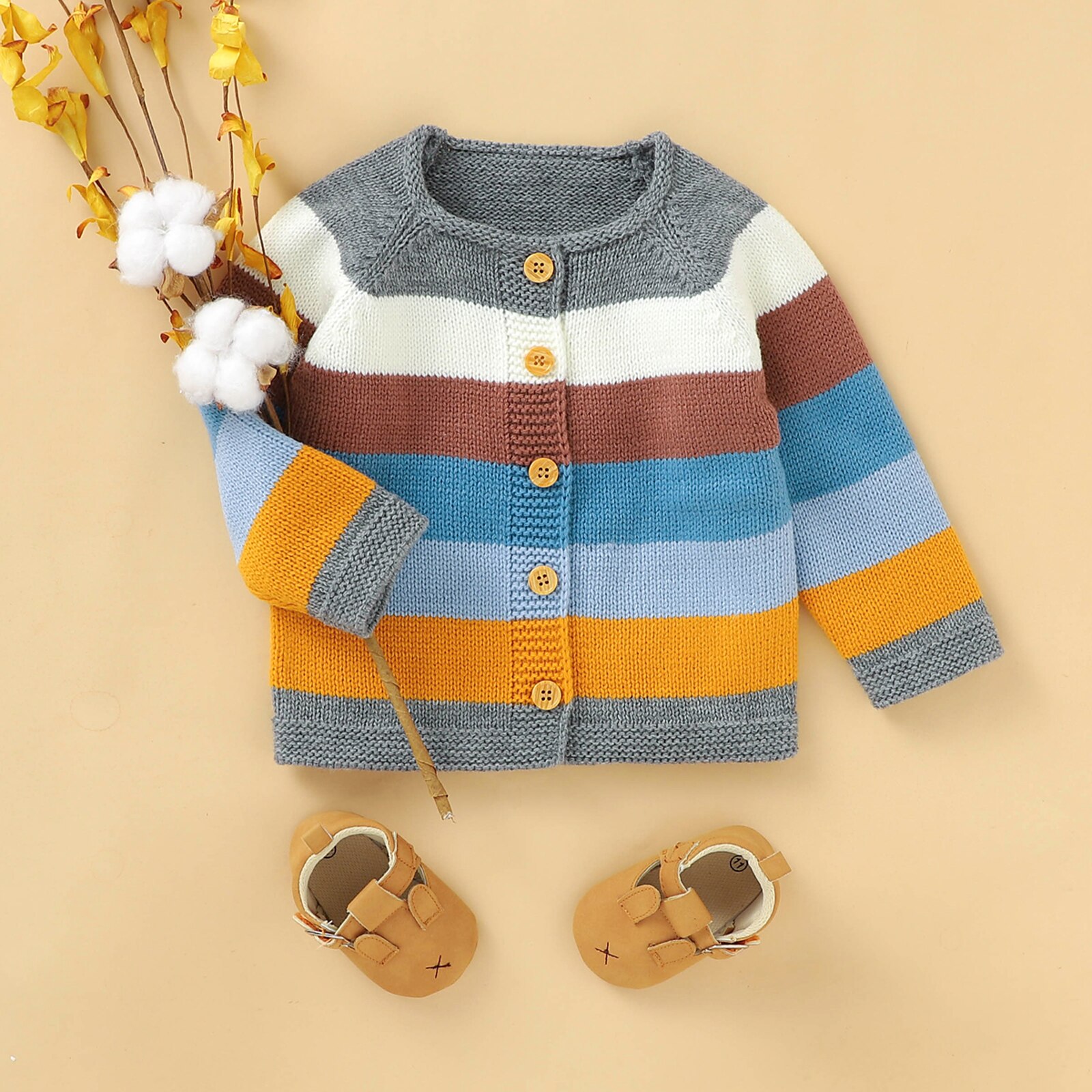 Cárdigan de punto para niños pequeños, chaqueta de manga larga con cuello redondo y rayas de arcoíris, prendas de vestir informales de un solo pecho, 4 colores, otoño