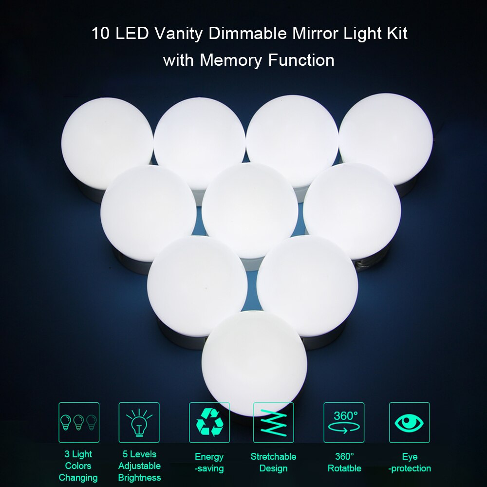 DC5V 10W 10 LED Dimmable Vanity Mirror Light Kit USB Powered Operated Memory Function Adjustable Make Up Mirror Light Room Salon