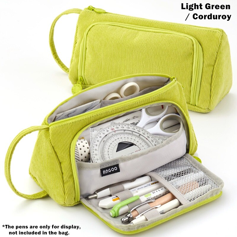 Angoo [Pure] Kleur Etui, Multi Slot Pen Zak, grote Opslag Pouch Organizer Voor Briefpapier Cosmetische Reizen Portemonnee A6443: Green Corduroy