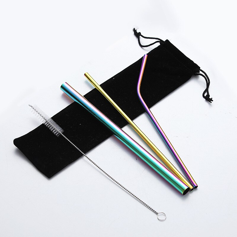 Bubble Tea Stainless Steel Straw Reusable Drinking Straws Set Curved Metal Straws Bag with Brush For Smoothies Juice Tea: Rainbow