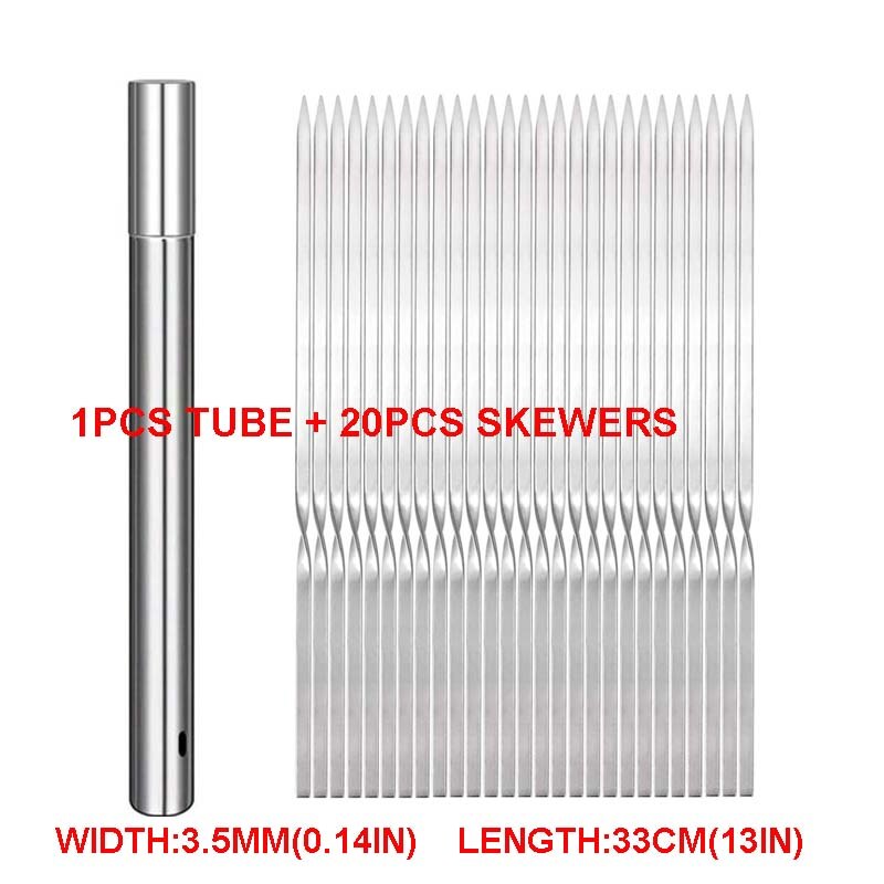 35cm lange flade metbbq spyd rustfrit stål 20 stk grillspyd genanvendelige nålepinde med rør shish kabob grill: 20 stk 3.5mm 33cm