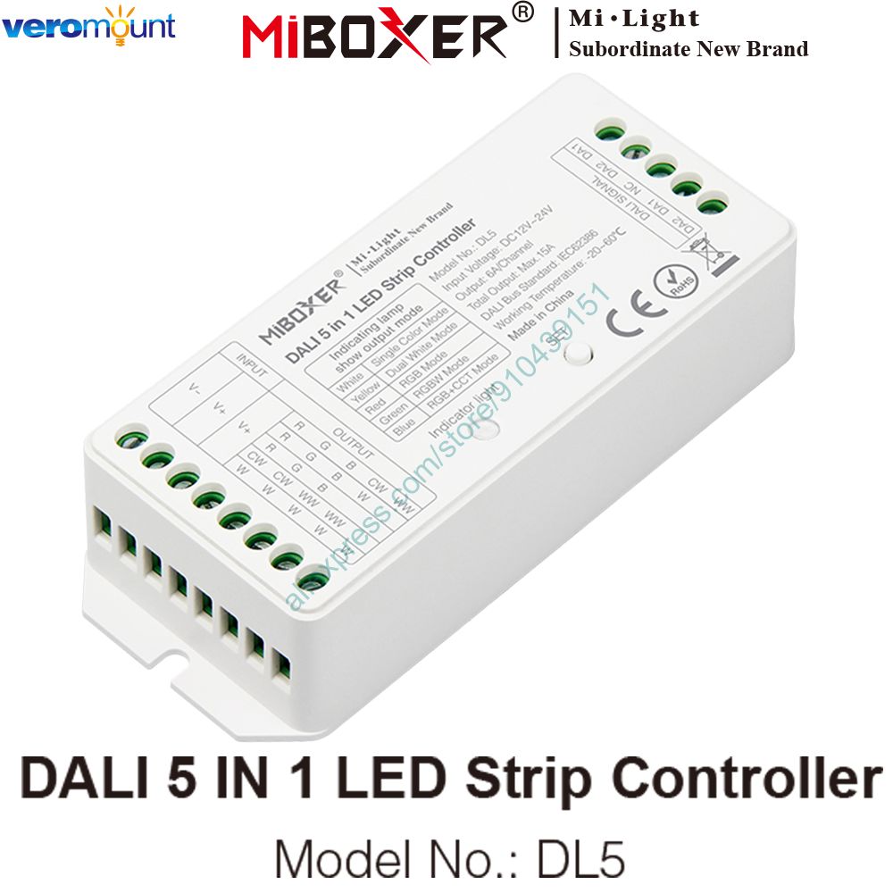 Miboxer DL5 Dali 5 In 1 Led Strip Controller Dc 12 ~ 24V 15A Voor Enkele Kleur, cct, Rgb, Rgbw, Rgbcct Led Strip Kan Afstandsbediening