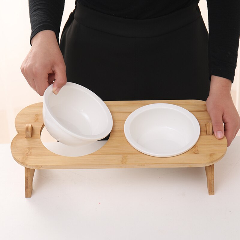 Cuencos de cerámica para perros y gatos, cuencos de acero inoxidable para comida de mascotas, vajilla de agua, cuenco con marco de bambú, suministros para mascotas