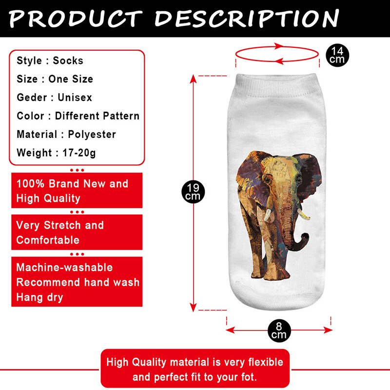 Socks Women 9 Pairs Set Retro Elephant Print Socks Female And Interesting Animal 3D Printed Breathable Cotton Socks