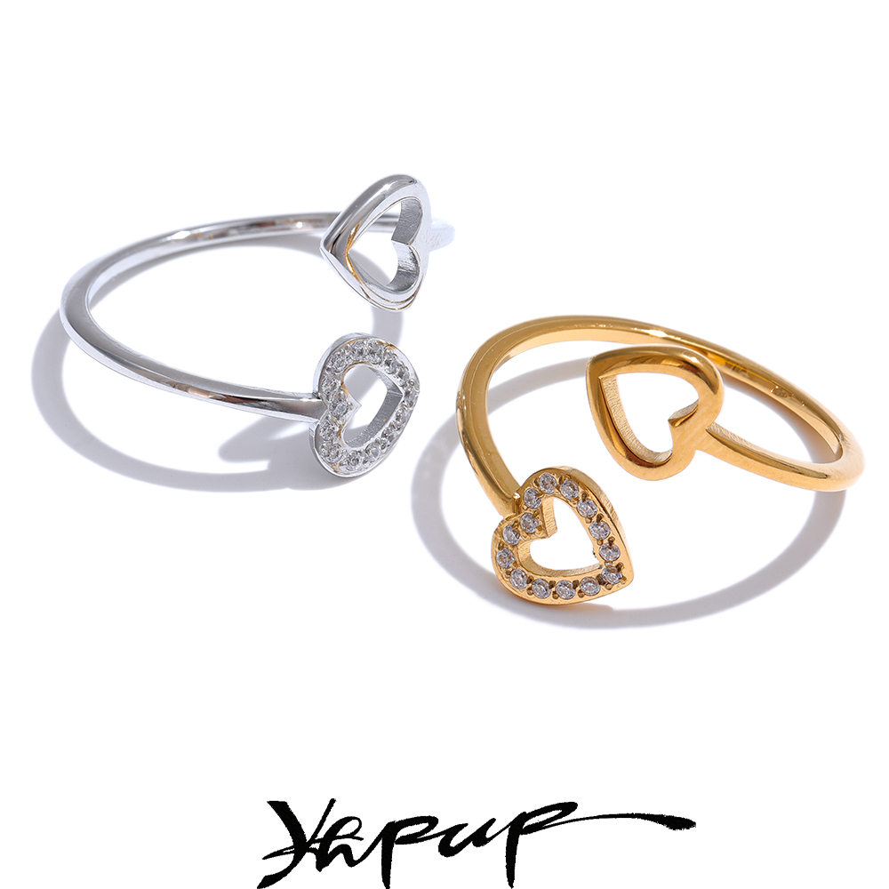 Yhpup Goud & Platina Pvd Vergulde Roestvrijstalen Open Verstelbare Ring Hart Holle Mode Chique Vingeraccessoires Voor Vrouwen