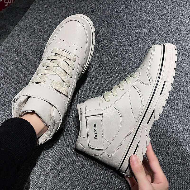 Winter Men's Leather High Cut Casual Shoes White Beige Ankle Boots Man