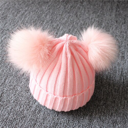 Hiver laine tricoté chapeau enfants infantile -né enfants bébé casquettes bonnet avec deux Double Pom Pom Beanie pour garçons fille 1-3 ans: Rose