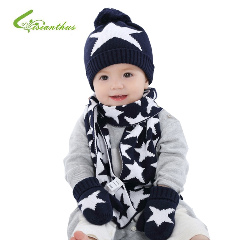 3 Pcs Winter Baby Hat with Scarf and Gloves Stars Crochet Knitted Cotton Caps for Infant Boys Children Keep Warm Kids Hats Set